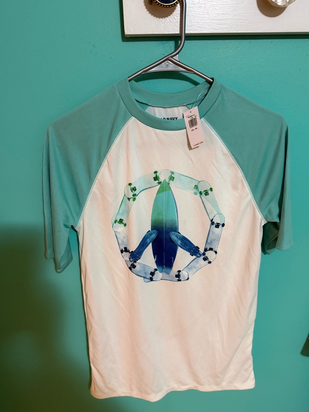 Old Navy White and Seafoam Raglan Surf Swim Top Size XXL Boys NWT